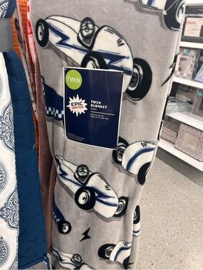 Epic United Twin Blanket - Gray & Blue Race Car Print